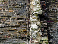 Medieval brick wall beside Roman brick wall