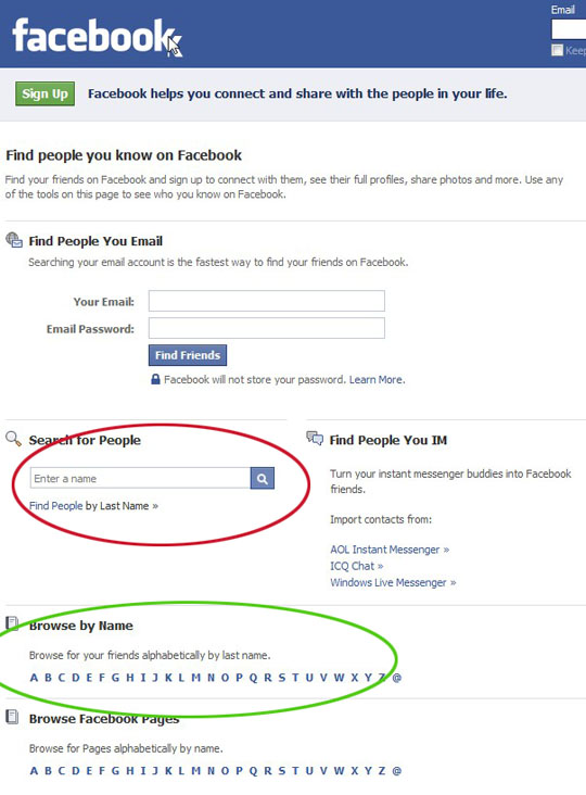 Facebook people search page