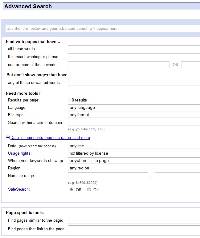 Image of the full Google Advanced Search page