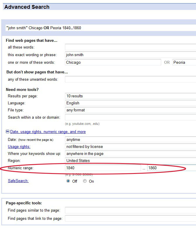 Image showing how to enter a date range in Google Advanced Search