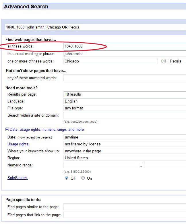 image showing an alternate way to enter a date range in Google Advanced Search