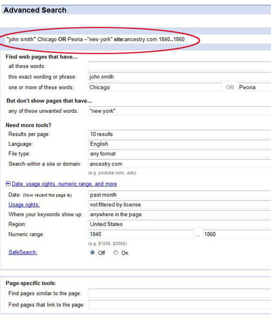 Google Advanced Search searching for a person