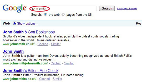 result of search for John Smith in Google.co.uk