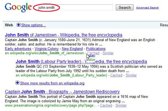 result of search for John Smith in Google.com